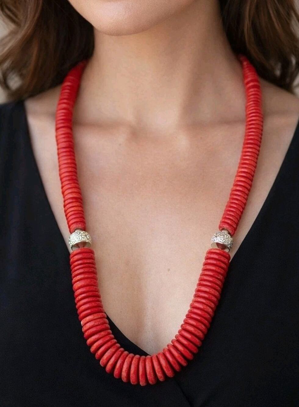 Vintage Red & Silver Wood Disc Beaded Necklace, 25" Tribal‎ Long Beaded rd01-14
